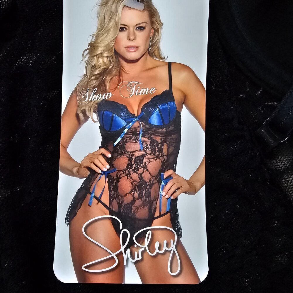 Shirley of Hollywood Intimates New Lace Net Black And Blue Nighty Lingerie Set